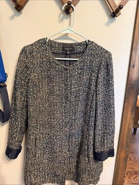 Talbots Petite Navy and Cream Tweed Collarless Cardigan Jacket